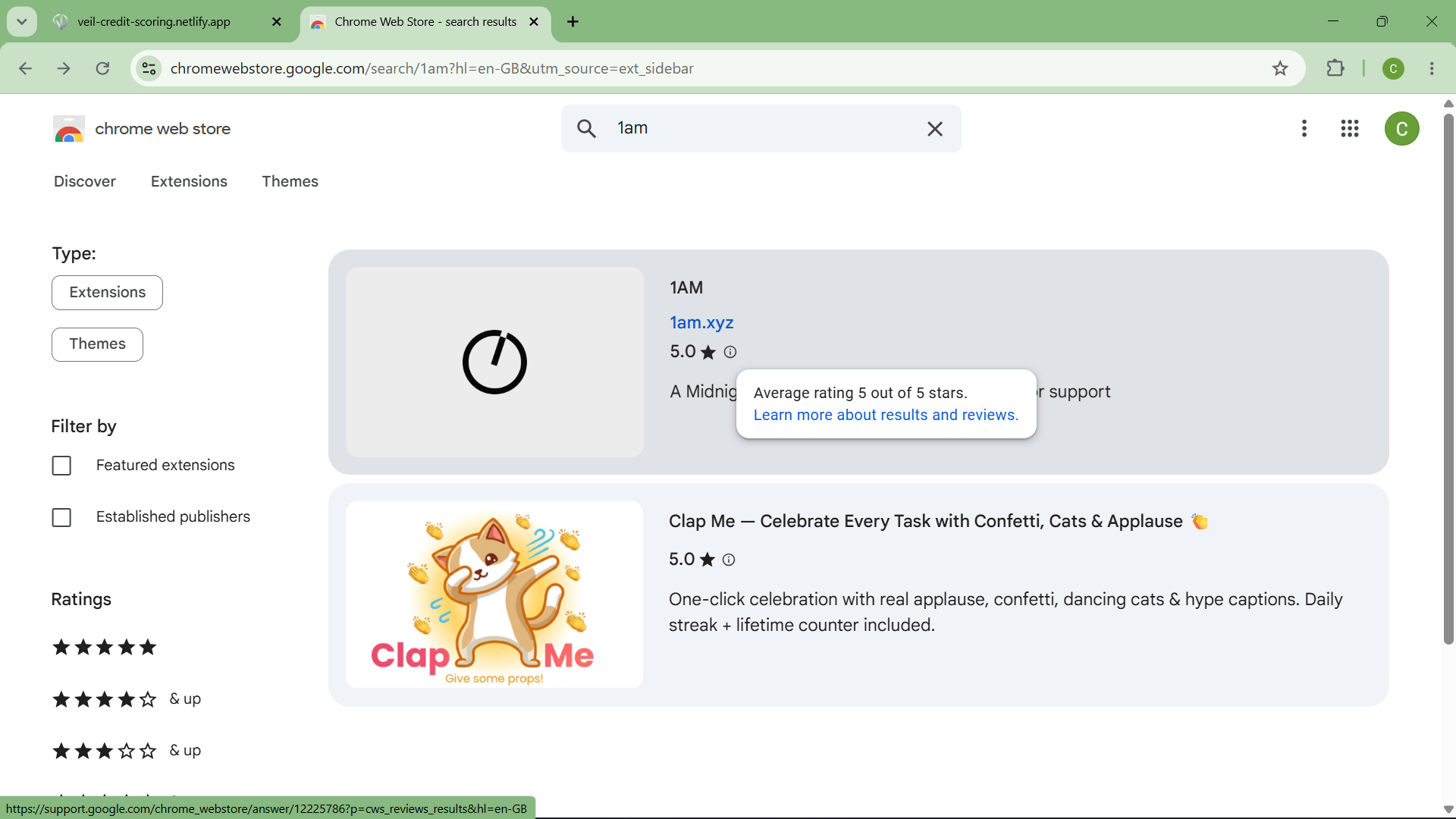Chrome Web Store search results for 1AM Wallet